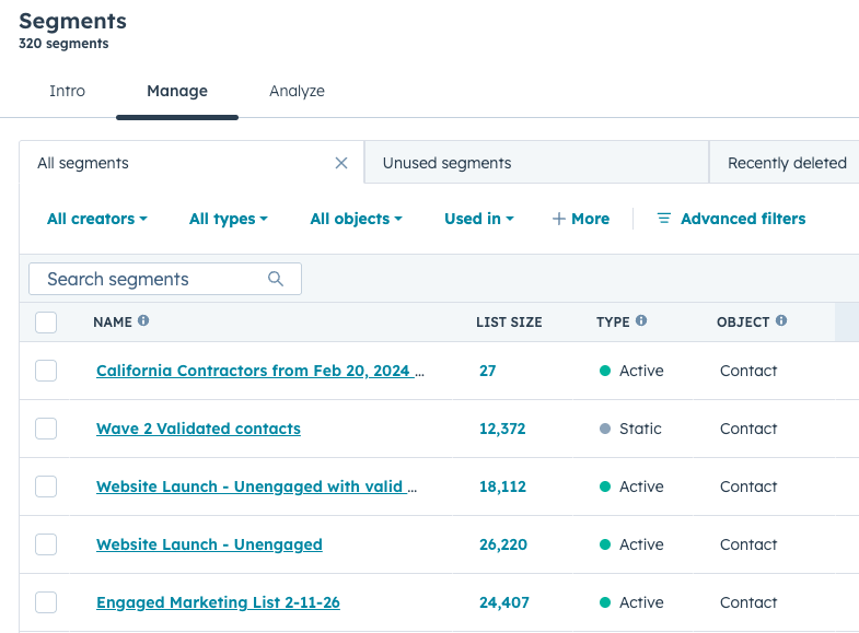 CRM list segments in HubSpot